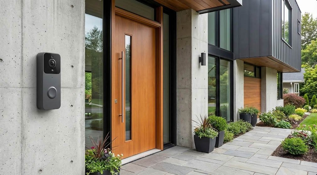 Sonnette vidéo connectée installée à l’entrée d’une maison moderne pour sécuriser l’accès en 2026