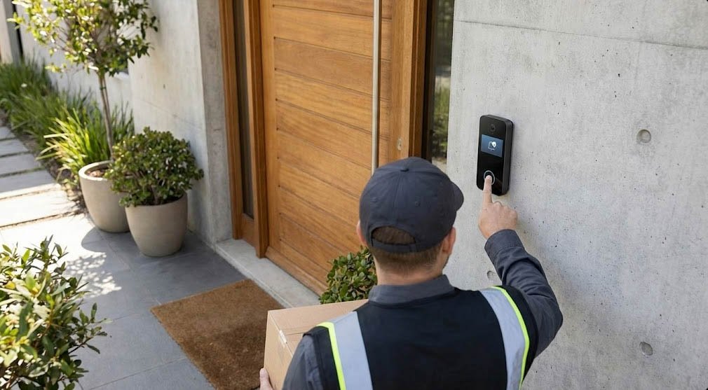 Sonnette vidéo connectée utilisée pour vérifier un visiteur et un colis à distance devant une porte d’entrée