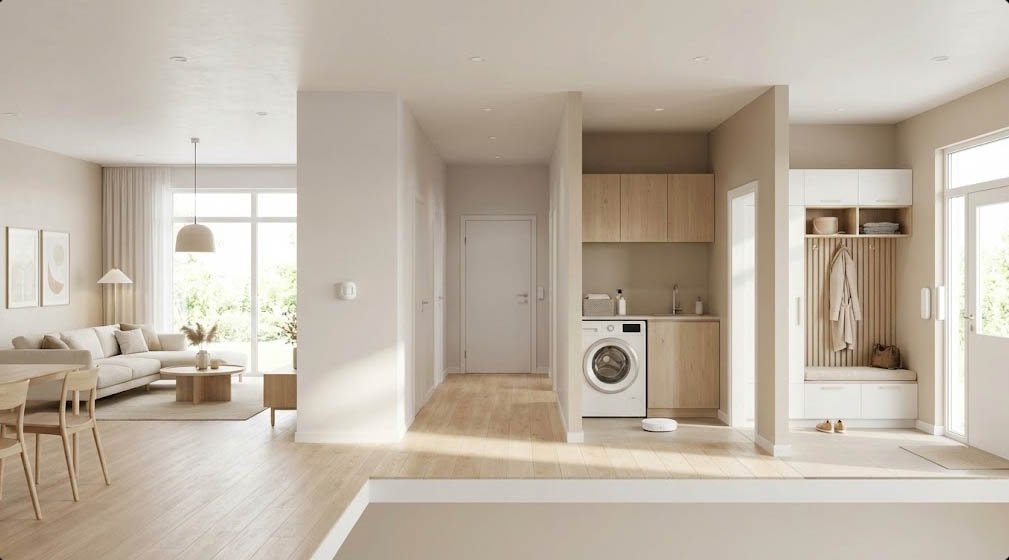 Capteurs connectés utiles en maison : capteur de fuite d’eau près d’une buanderie et détecteur de mouvement dans un couloir