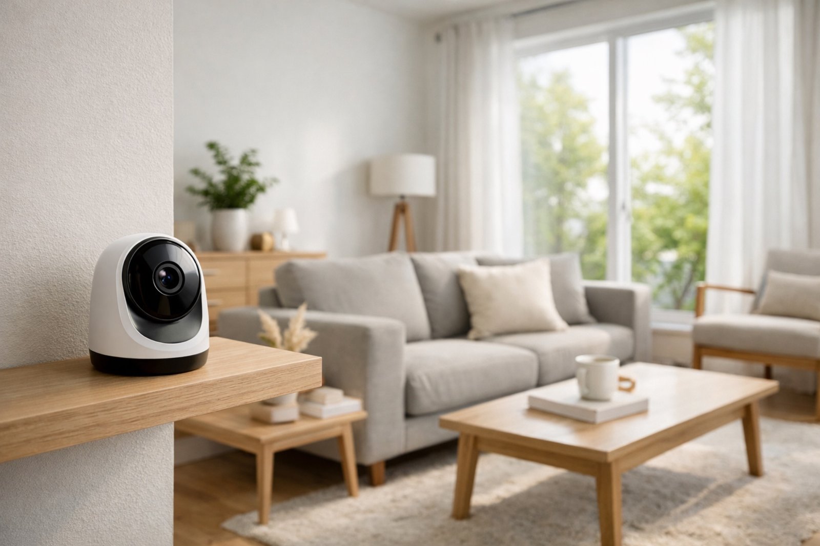 Abonnement caméra connectée : caméra de surveillance installée dans un salon lumineux