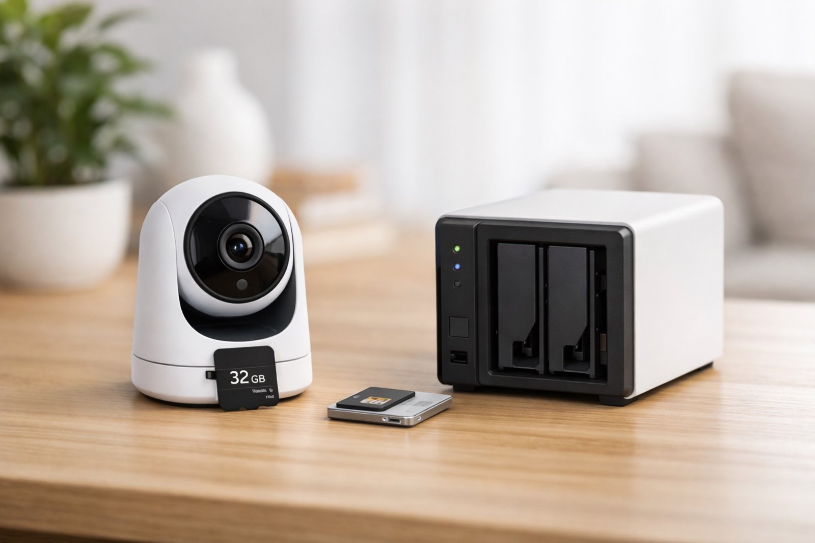 Caméra connectée sans abonnement avec stockage local : microSD et boîtier NAS sur une table