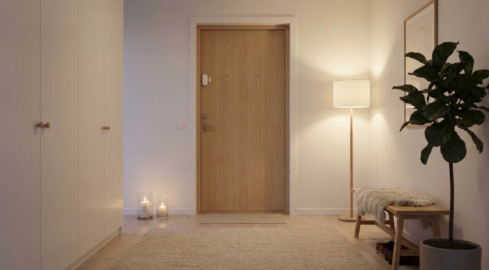 Capteur d’ouverture connecté sur porte d’entrée dans un intérieur scandinave, ambiance sereine et sécurisée