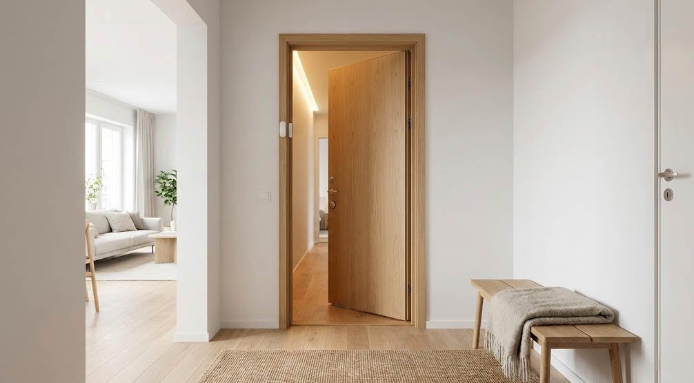 Capteur d’ouverture connecté en usage réel dans une entrée avec éclairage automatique